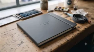 A collection of minimalist, cloth-bound sketchbooks for artists stacked on a wooden studio table.