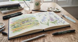 An A5 sketchbook open showing watercolour and ink drawings, illustrating the versatility of the paper.