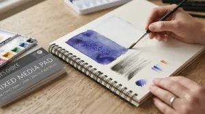 Spiral bound mixed media pad with perforated pages for easy removal.