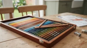 A neatly organised wooden pencil case filled with brightly coloured pencils for primary school stationery.