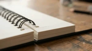 Close-up shot showing the clean, perforated edges of pages in a high-quality spiral sketchbook, making it easy to remove artwork.