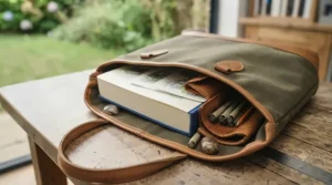 A portable art bag containing an A4 sketchbook and fine-liner pens, set on a wooden table.