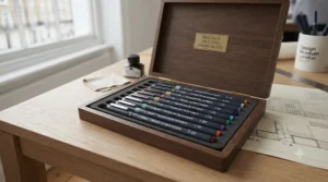 A comprehensive collection of technical drawing pens stored securely in a dedicated leather-effect presentation case.