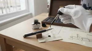 Hands carefully refilling a technical drawing pen with high-quality black ink, demonstrating proper maintenance techniques.