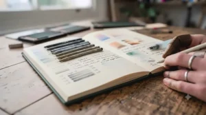 A comprehensive test page in a hardback sketchbook showing fine-liner pens, graphite grades, and light watercolour swatches.