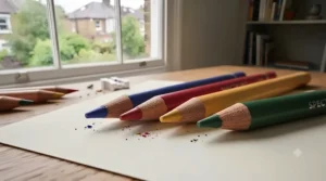Close-up of soft-core pigment tips on a set of affordable colouring pencils under £20.
