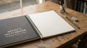 Top-down view of a spiral-bound sketchbook lying flat on a wooden desk, demonstrating its ease of use for sketching and drawing.