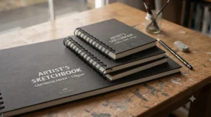 A collection of spiral sketchbooks in various sizes from A6 to A4, displayed side-by-side to show versatility for different art projects.