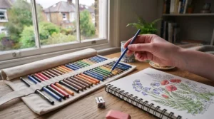 A pencil case filled with durable colouring pencils under £20 alongside a sketchpad.
