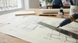 A detailed architectural floor plan being drafted on high-quality paper using black technical drawing pens.