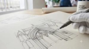 A close-up of a detailed ink sketch on cartridge paper, created using a fine-tipped technical drawing pen.