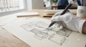 A designer using technical drawing pens to add sharp, precise linework to an intricate graphic illustration.