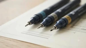 A close-up view of multiple technical drawing pens showing varying stainless steel nib widths, ranging from ultra-fine to broad.