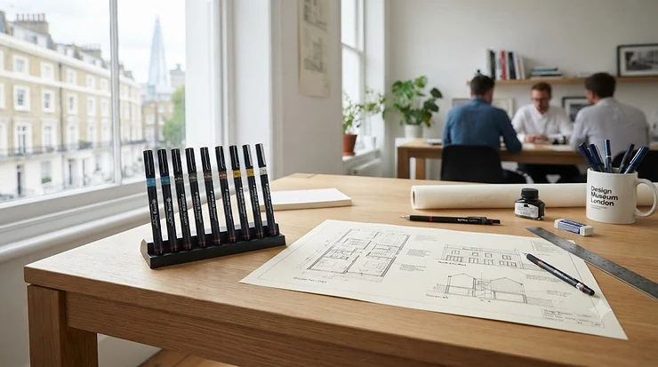 A professional set of technical drawing pens arranged neatly on a desk, showcasing various nib sizes for precise architectural and design work. technical drawing pens
