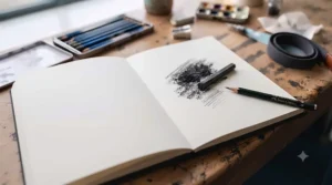 Macro view of toothy, cold-pressed paper in a sketchbook for artists, ideal for charcoal and pencil.