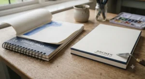 A comparison of a glued watercolour block versus a traditional spiral-bound watercolour pad.