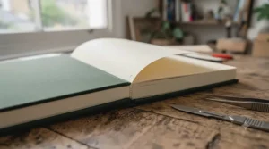 A close-up of a hardback sketchbook page being prepped, demonstrating the professional quality and paper strength for various art media.