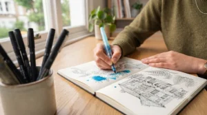Demonstration of waterproof ink illustration pens being used with a watercolour wash.
