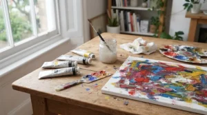 Variety of flat and round paint brushes being used with acrylic paints on canvas.