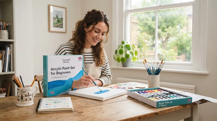Comprehensive acrylic paint set for beginners laid out on a wooden art studio table, featuring vibrant colours and brushes, ready for painting. acrylic paint set for beginners