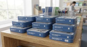 Multiple affordable value geometry sets for school stacked together, ideal for classroom supplies and parents.