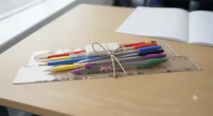 Value bundle of multi-coloured school stationery and geometry equipment arranged neatly on a wooden table.