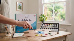 Artist mixing primary colours on a palette using a beginner acrylic paint set to create new shades for a canvas painting.