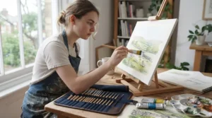 Student working on a canvas using a budget-friendly paint brush set in a home studio.