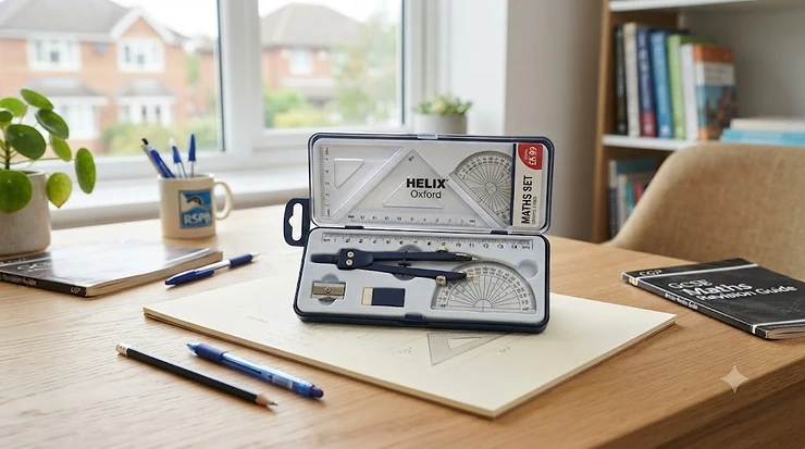 A comprehensive geometric drawing compass set displayed on a wooden desk, ideal for UK students looking for quality stationery under 10 pounds. compass set under £10