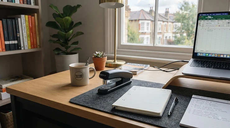 Black ergonomic desk stapler on a modern office desk, ideal for budget-conscious workspaces. desk stapler under £10