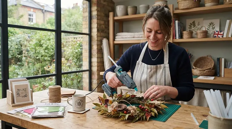 A top-down view of the best glue gun for crafts on a wooden desk, surrounded by colourful felt and ribboning. glue gun for crafts