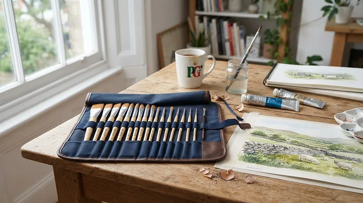 Flat lay of a professional paint brush set on a wooden studio desk, ideal for budget-friendly UK art projects. paint brush set under £15