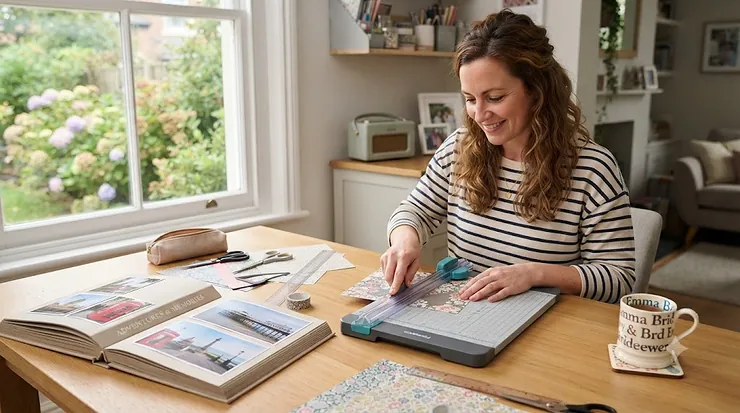 A high-precision paper trimmer on a crafting desk, cleanly cutting patterned cardstock for a scrapbook project. paper trimmer for scrapbooking