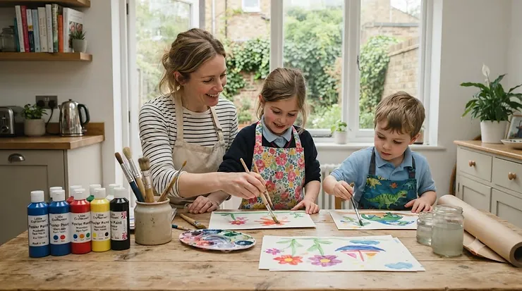 A colourful selection of non-toxic poster paint bottles and brushes laid out on a craft table for children's art and school projects. poster paint for kids