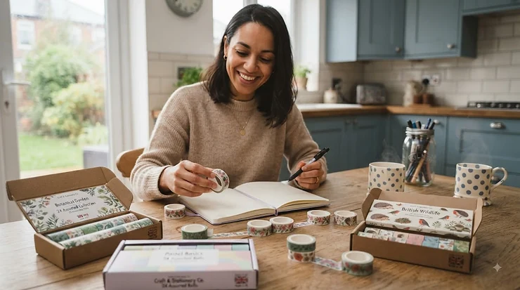 Flat lay of colourful washi tape sets arranged on a pastel notebook, ideal for journaling and crafting. washi tape sets