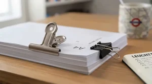 Close-up of a black foldback binder clip, commonly referred to in the UK as a treasury or foldback clip, with its folding wire arms.