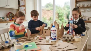 Children building models from recycled cardboard and paper using reliable PVA glue.
