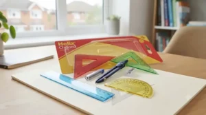 Budget-friendly back-to-school maths set featuring brightly coloured transparent plastic instruments.