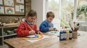 Primary school children wearing art aprons and painting pictures with poster paint in a classroom.
