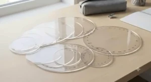A colourful set of plastic circle templates arranged on a wooden desk, ideal for UK school projects, technical drawing, and craft work.