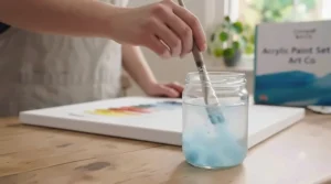 Rinsing a synthetic paint brush in a glass of water, demonstrating the easy water-based clean-up of student acrylic paints.