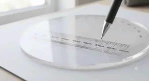 A flat lay of transparent acrylic circle templates in various sizes, resting on a white cutting mat.