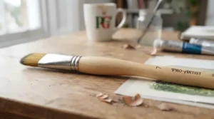 Ergonomic wooden handle of a paint brush designed for comfortable grip during long art sessions.
