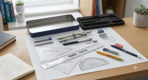 Overhead layout of the complete technical drawing set arranged on isometric graph paper, showing all included instruments.