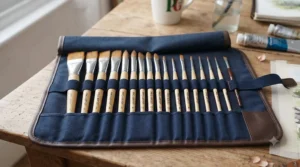 Full collection of different sized paint brushes laid out neatly in a protective case.