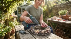 A wireless, rechargeable cordless glue gun for crafts used during an outdoor workshop session.