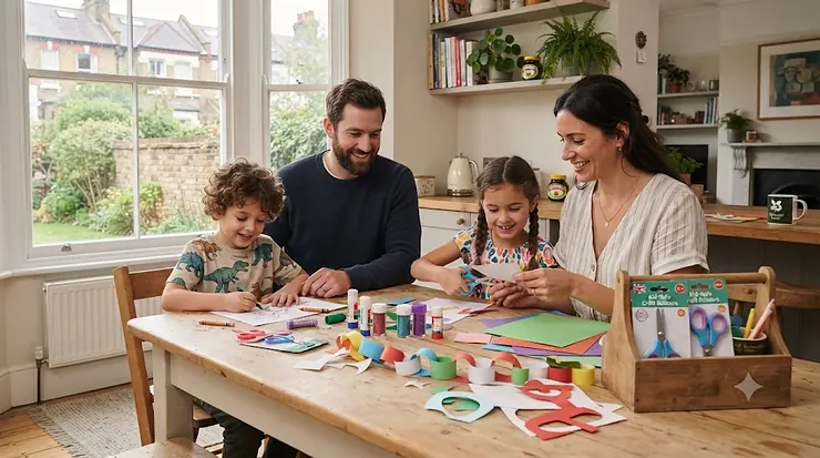 Child safely using colourful craft scissors for a school art project at a table. craft scissors for kids