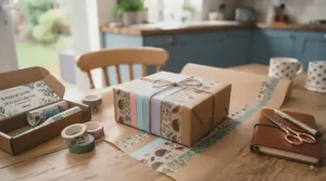 Brown kraft gift box tied with twine and decorated with floral washi tape sets.