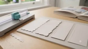 Assorted paper sheets featuring wavy, deckle, and scalloped decorative edges created with a specialty craft trimmer.