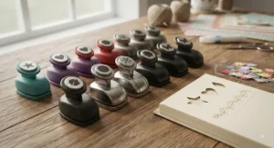 Assorted decorative shape hole punches arranged neatly beside a blank journal page for craft projects.